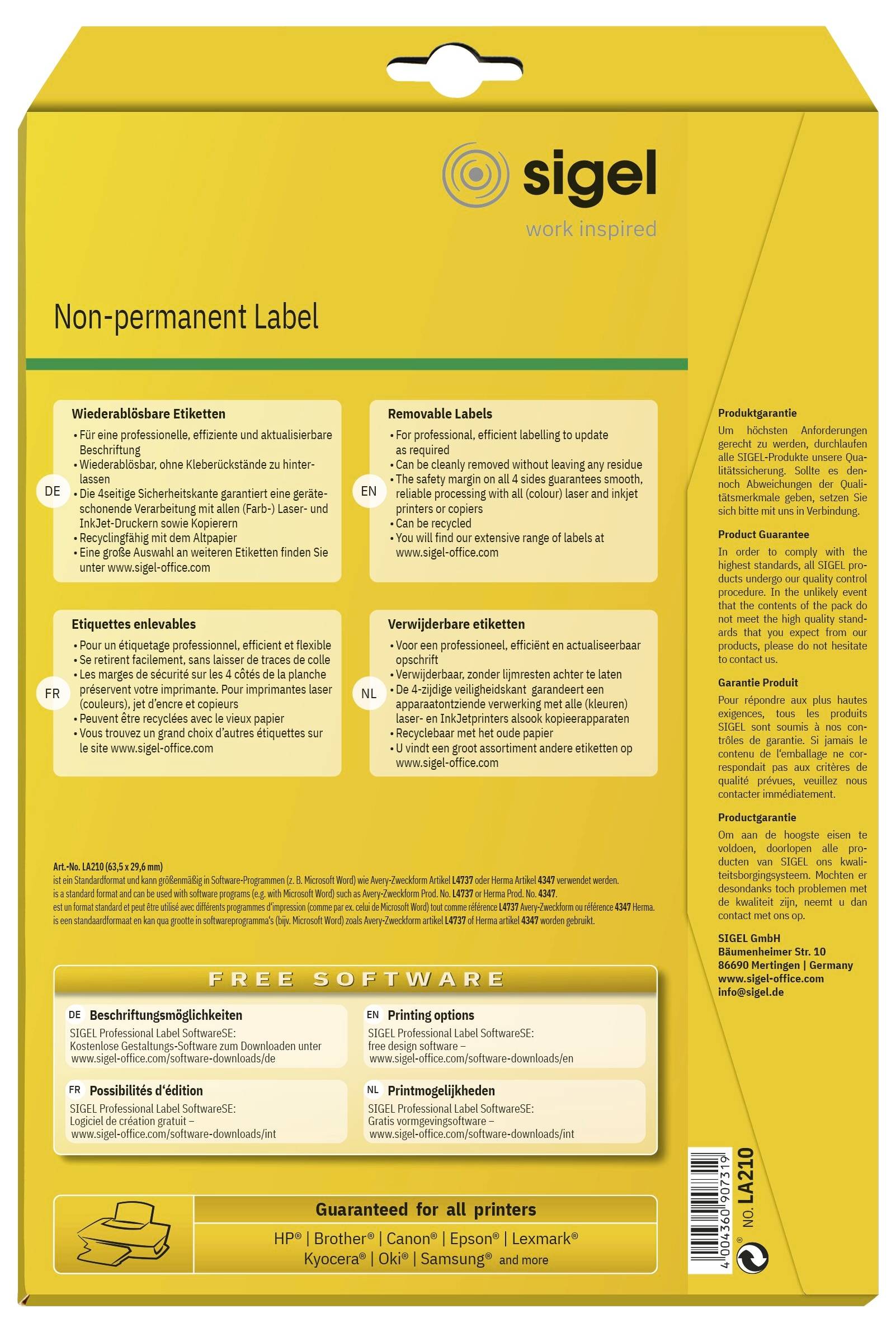 Gelbes Sigel-Paket für "Nicht-permanente Etiketten" mit mehrsprachigen Etikettenfunktionen, kostenloser Software und Druckerkompatibilität auf der Rückseite der Schachtel.