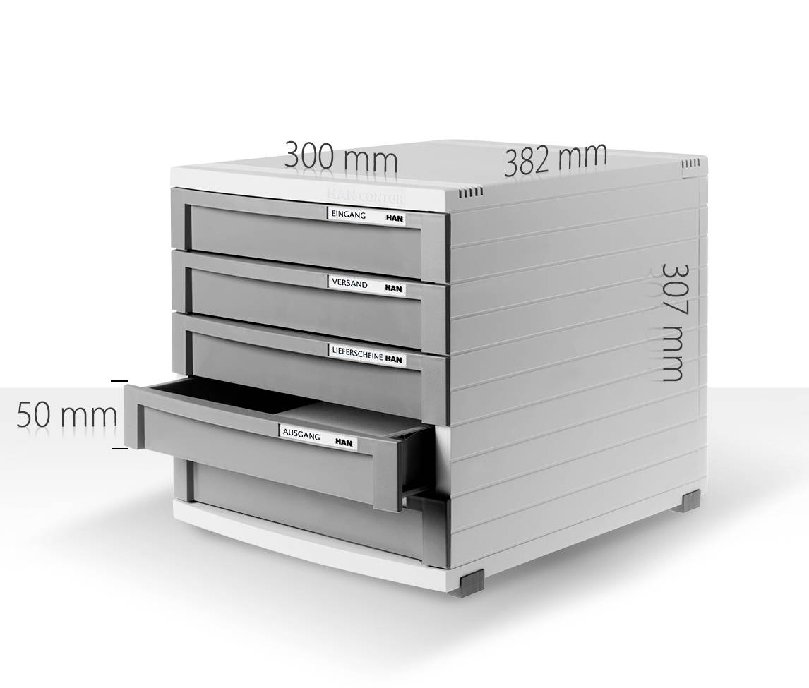Weiße Schubladenbox mit vier Schubladen, jeweils beschriftet 'Eingang', 'Versand', 'Leergut', 'Ausgang'. Maße sind 300 mm x 382 mm x 307 mm.
