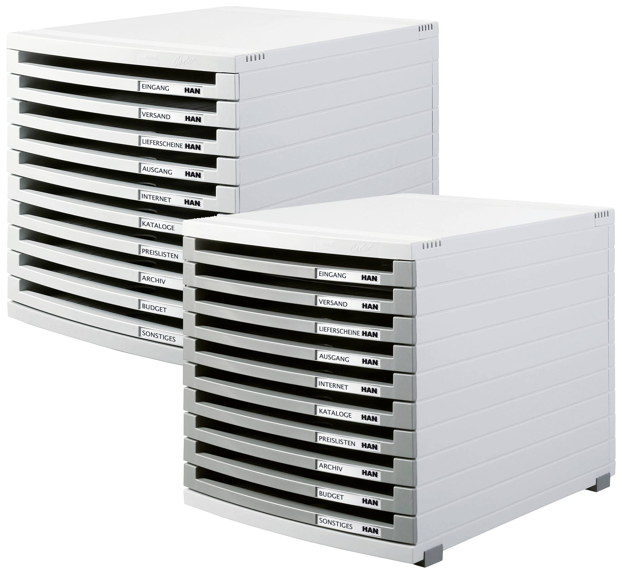 Zwei graue Ablagefächer mit mehreren Schubladen, beschriftet mit 'Eingang', 'Versand', 'Internet', 'Kataloge', etc., für Dokumentenorganisation.