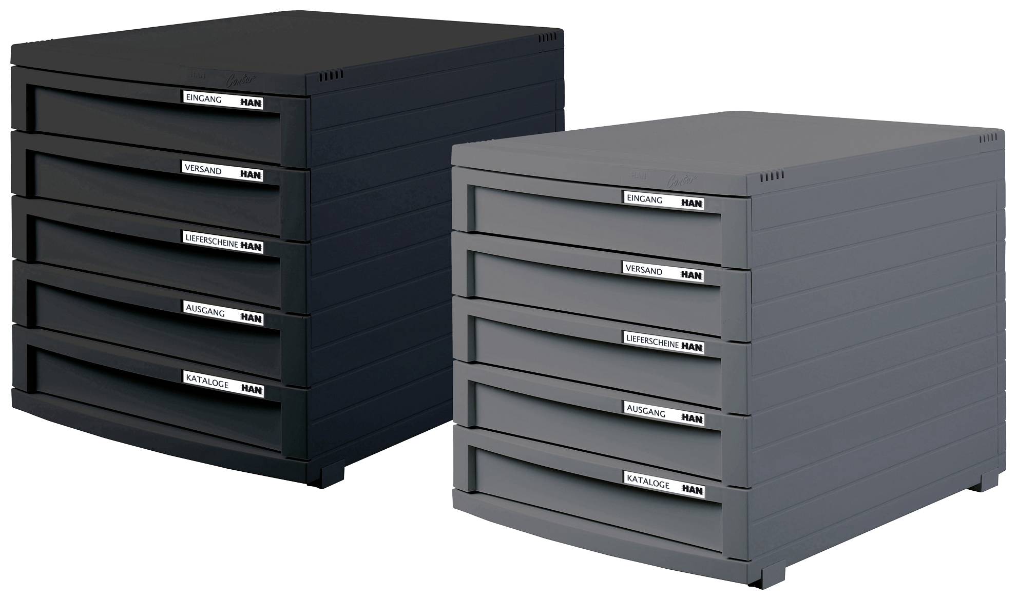 Zwei stapelbare Schubladenboxen, eine schwarz und eine grau, jeweils mit beschrifteten Schubladen 'Versand', 'Bürounterlagen', 'Eingang'.