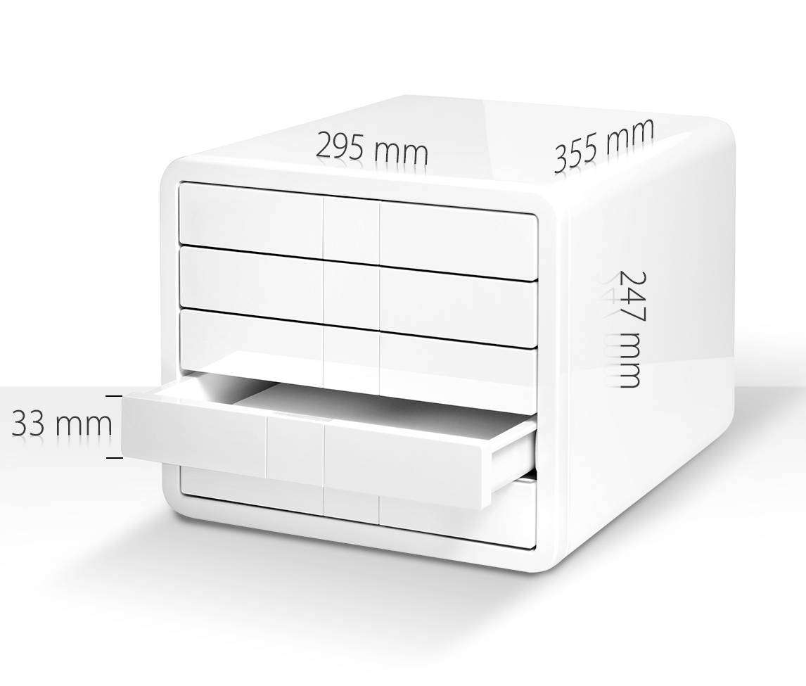 Weißer Schubladenschrank mit den Maßen: Breite 295 mm, Tiefe 355 mm, Höhe 247 mm, Schubladenhöhe 33 mm. Eine Schublade ist geöffnet.