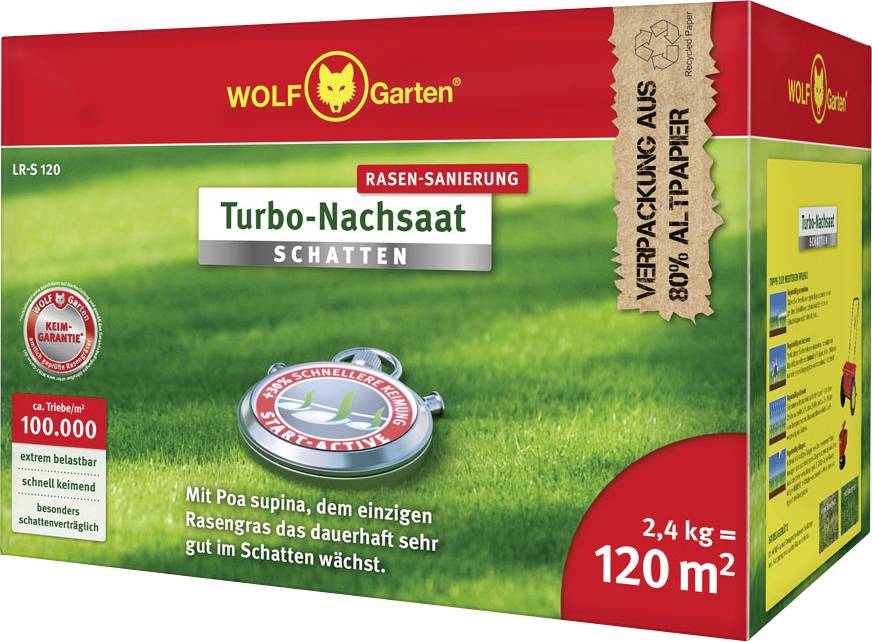 'WOLF Garten Turbo-Nachsaat Schatten', Verpackung aus 80% Altpapier, 2,4 kg für 120 m², ideal für Schattenrasen, hochwertige Qualität.