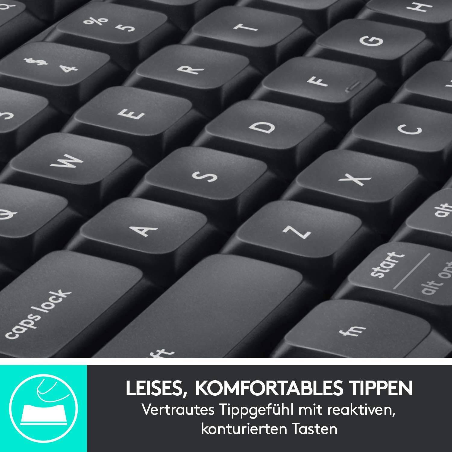 Nahaufnahme einer Tastatur mit hervorgehobenen Tasten. Text: Leises, komfortables Tippen – Vertautes Tippgefühl mit reaktiven, konturierten Tasten.