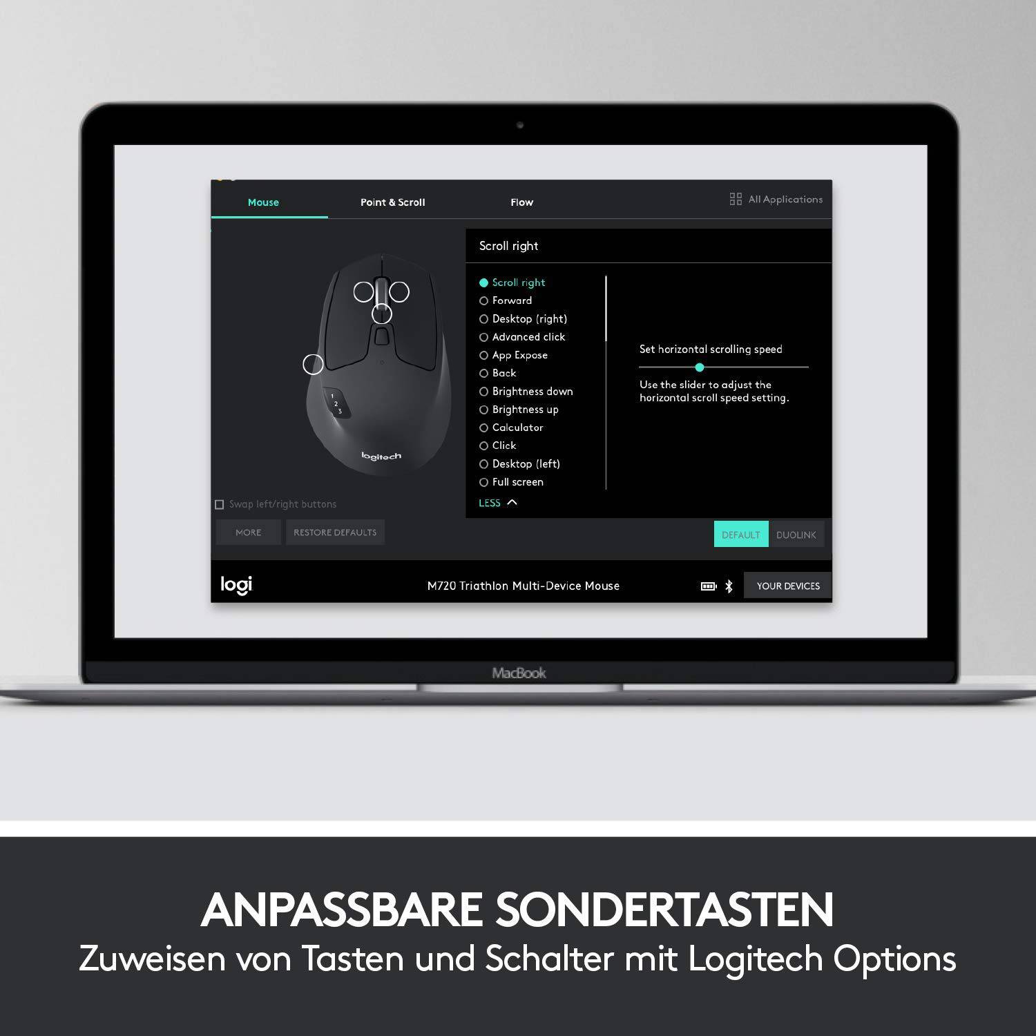 Laptopbildschirm zeigt Logitech Options-Software zur Anpassung der Maustasten. Überschrift unten: 'Anpassbare Sondertasten'.