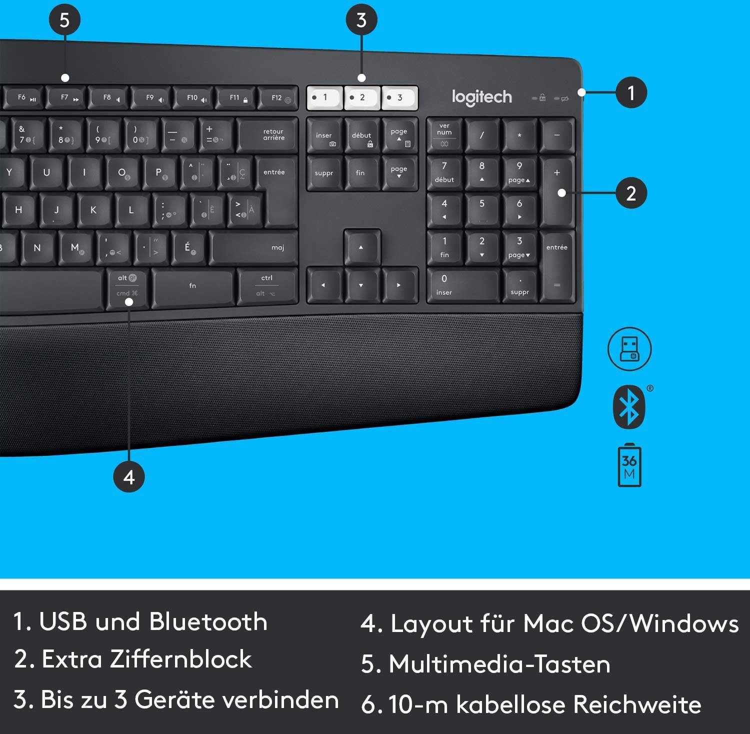 Logitech MK850 Performance Funk Tastatur, Maus-Set Ergonomisch Deutsch, QWERTZ Schwarz