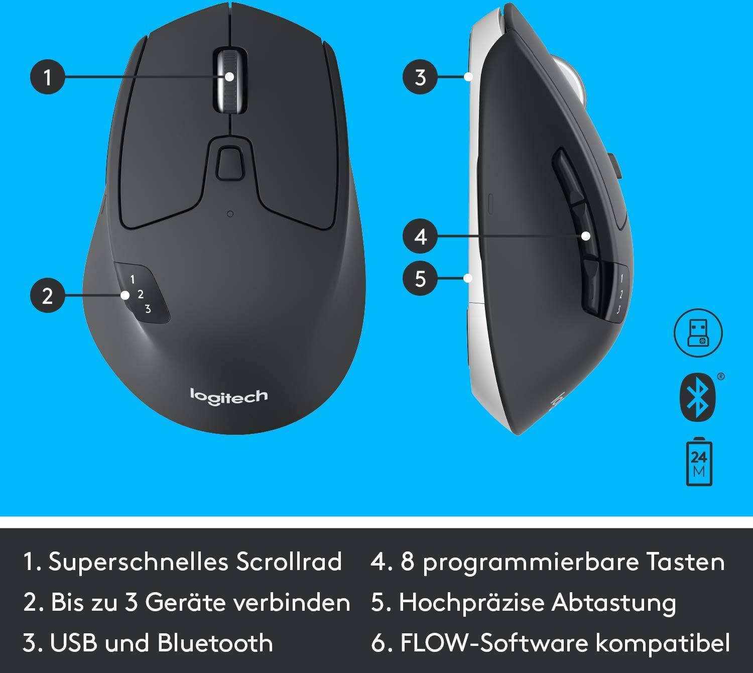 Kabellose Computermaus mit superschnellem Scrollrad, verbindbar mit bis zu 3 Geräten via USB/Bluetooth. 8 Tasten programmierbar.