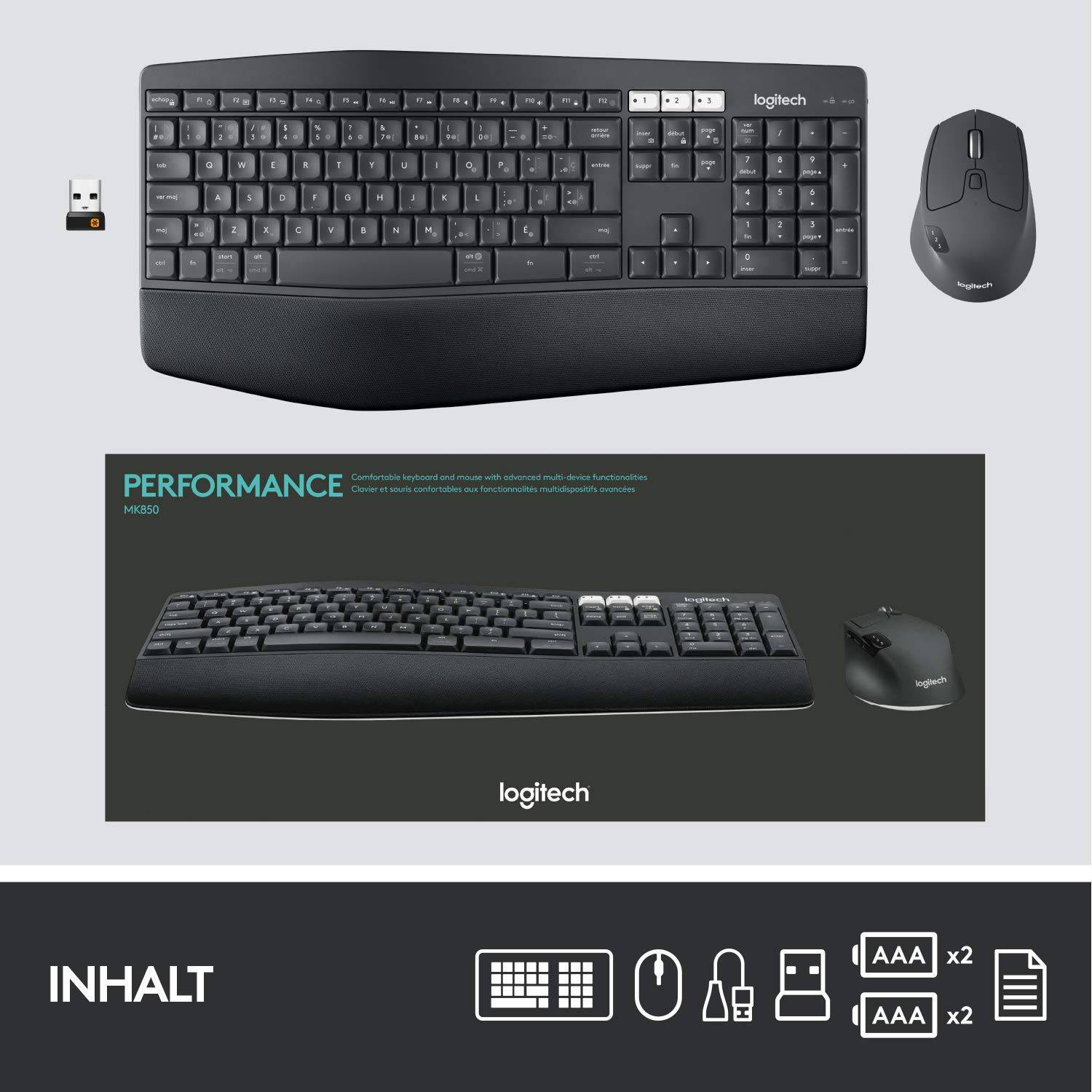 Kabellose Logitech-Tastatur und -Maus neben USB-Dongle. Verpackung mit Modellbezeichnung, Produktabbildung und Detailgrafiken.