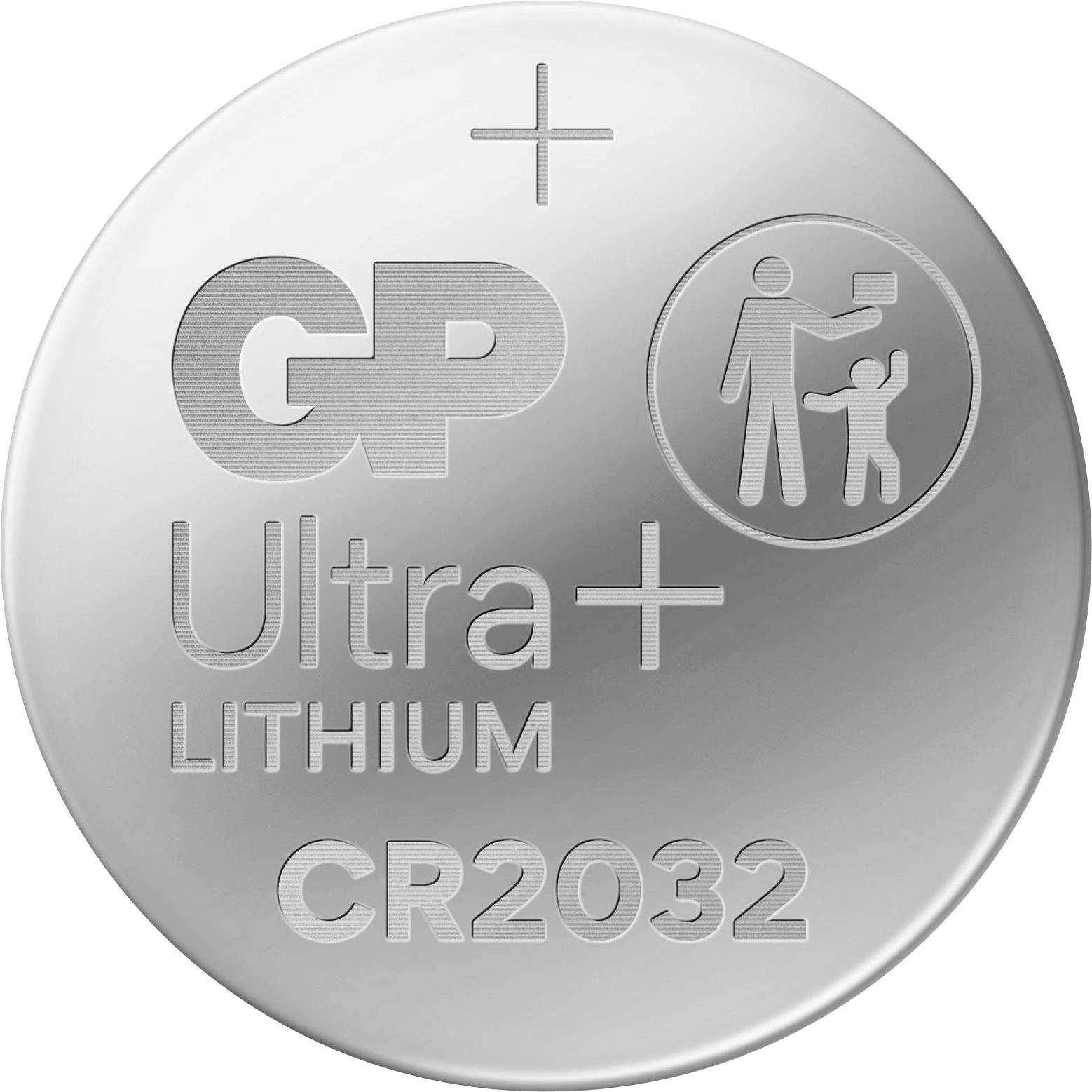 Lithium-Knopfzelle der Marke GP, Modell CR 2032, mit Warnsymbol: Nicht für Kinder geeignet.