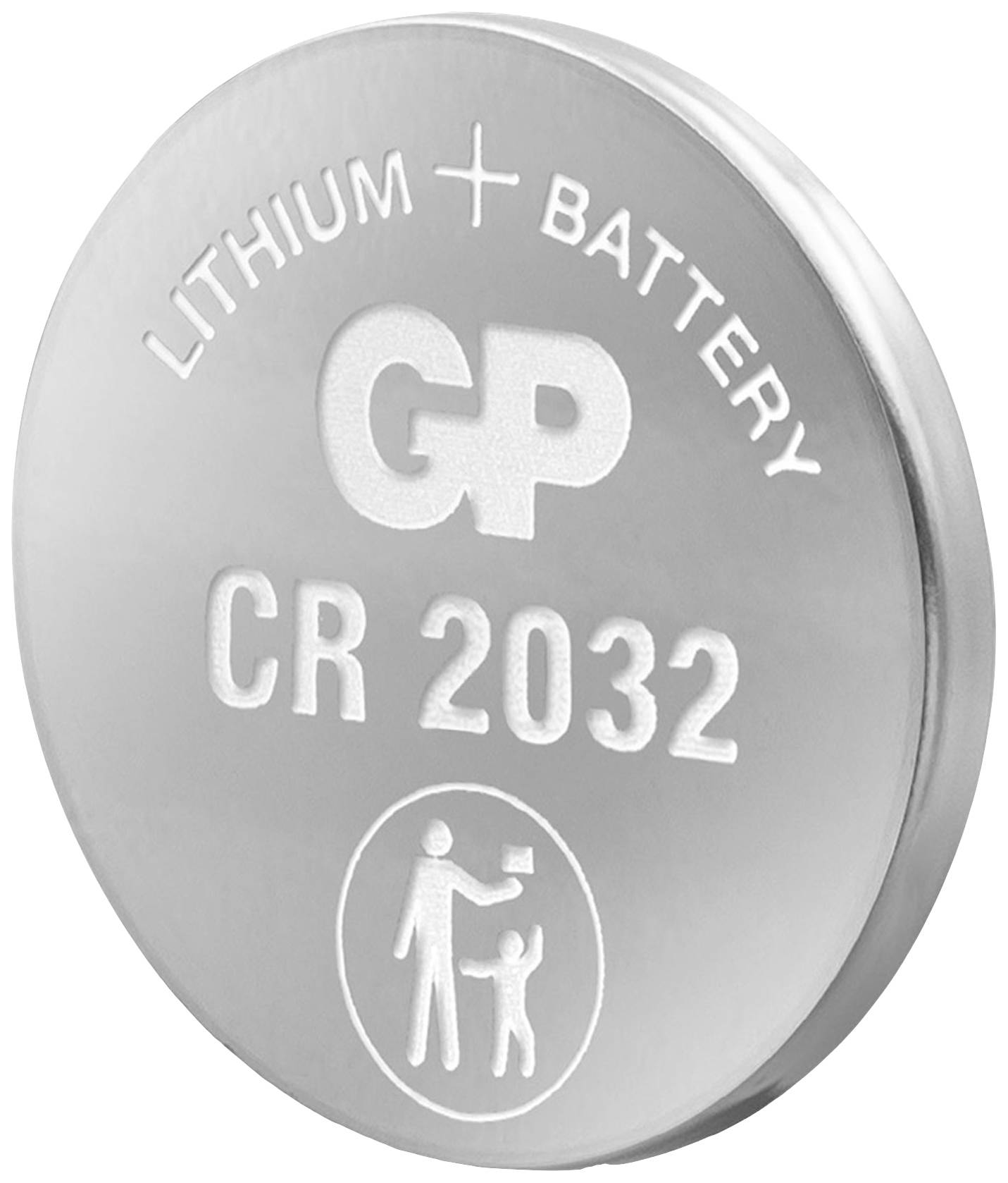 Lithium-Knopfzelle der Marke GP, Modell CR 2032, mit Warnsymbol: Nicht für Kinder geeignet.