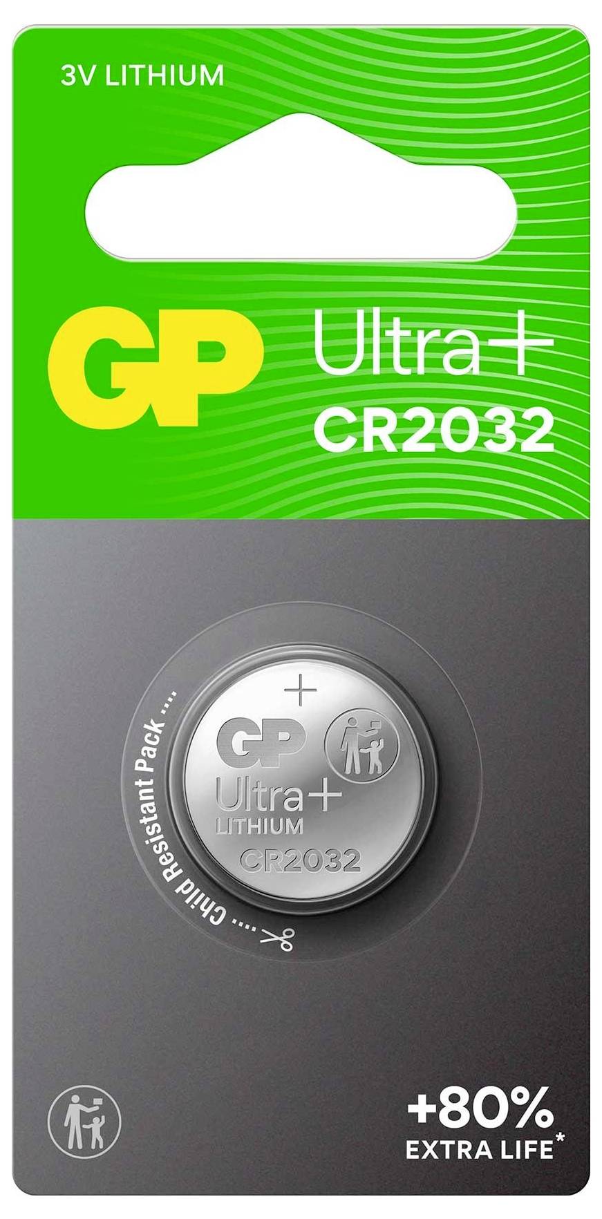 Lithium-Knopfzelle, Modell CR2032 von GP. Verpackung betont längere Lebensdauer. Geeignet für verschiedene Geräte. 3V Lithium.