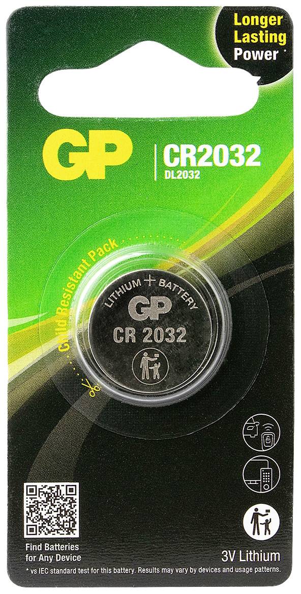 Lithium-Knopfzelle, Modell CR2032 von GP. Verpackung betont längere Lebensdauer. Geeignet für verschiedene Geräte. 3V Lithium.