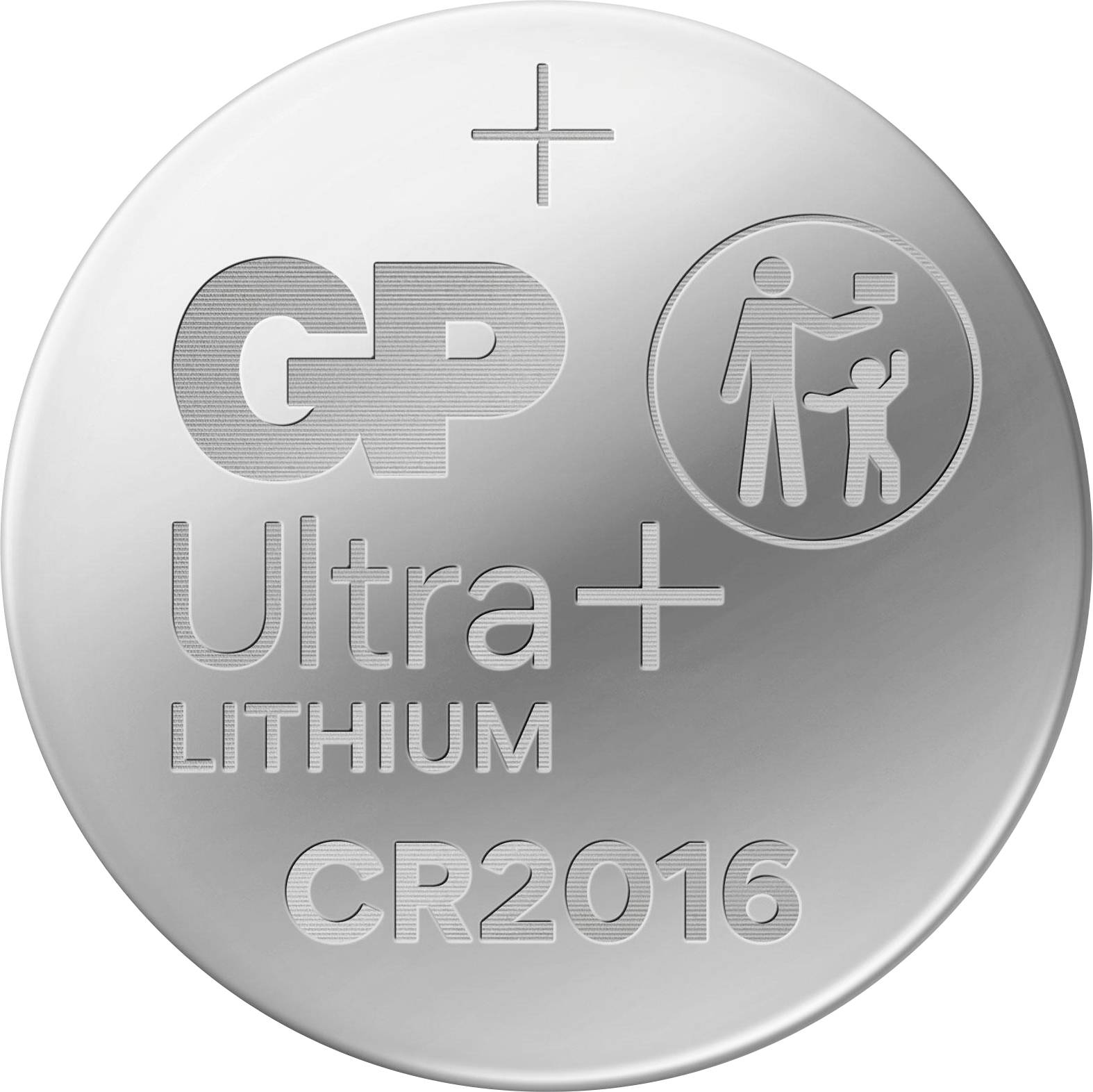 Lithium-Knopfzelle, Modell CR 2016, von GP. Aufschrift 'LITHIUM BATTERY', Symbol für Batteriewechsel außerhalb der Reichweite von Kindern.