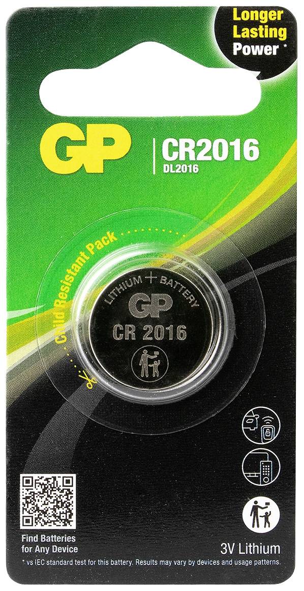 'GP CR2016' Lithium-Batterie in Blisterverpackung, 3V, geeignet für verschiedene Geräte. Verpackung zeigt Langlebigkeit und Sicherheitshinweise.