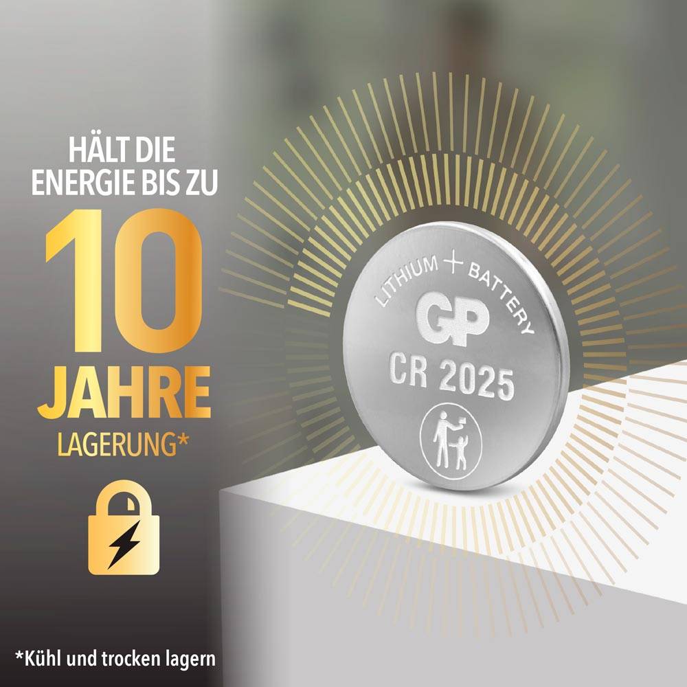 Lithium Batterie CR 2025 von GP: Hält die Energie bis zu 10 Jahre Lagerung. Kühl und trocken lagern.