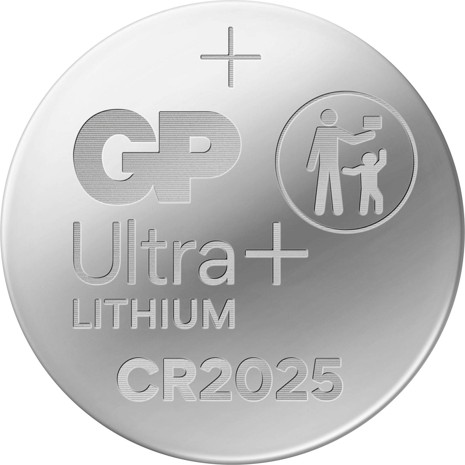 Silberne Knopfzelle mit der Aufschrift 'GP Ultra+ Lithium CR2025' und Kindersymbol, auf weißem Hintergrund.