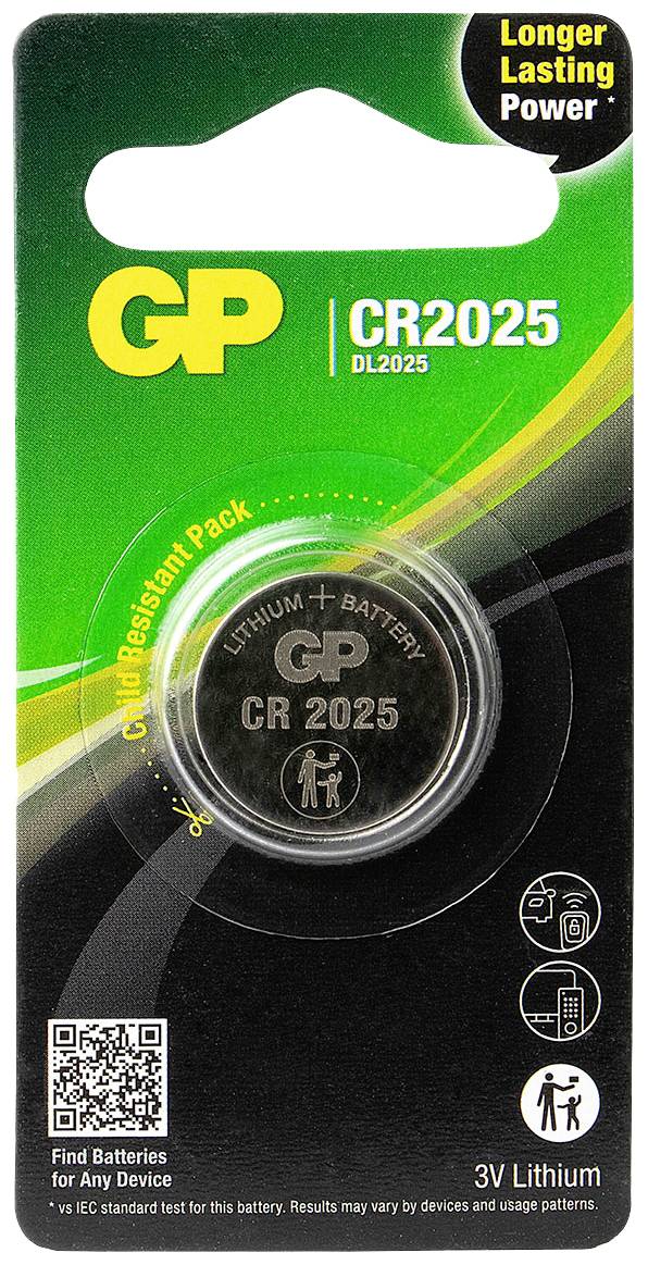 Eine GP CR2025 Lithium-Batterie in einer blisterverpackung, geeignet für verschiedene Geräte. 3V. Auf der Packung ist das GP-Logo sichtbar.