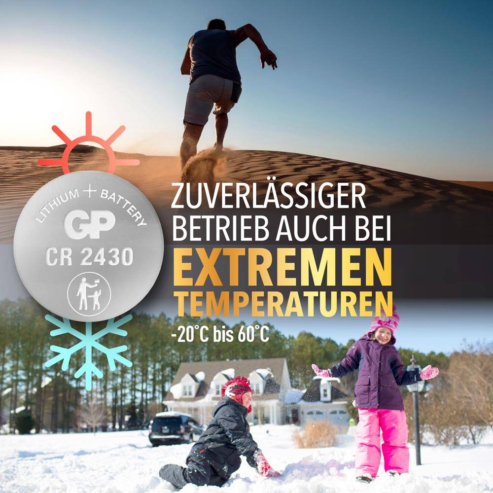 'Lithium-Batterie CR 2430, zuverlässiger Betrieb bei extremen Temperaturen von -20°C bis 60°C' mit Bild von Sanddünen und Kindern im Schnee.