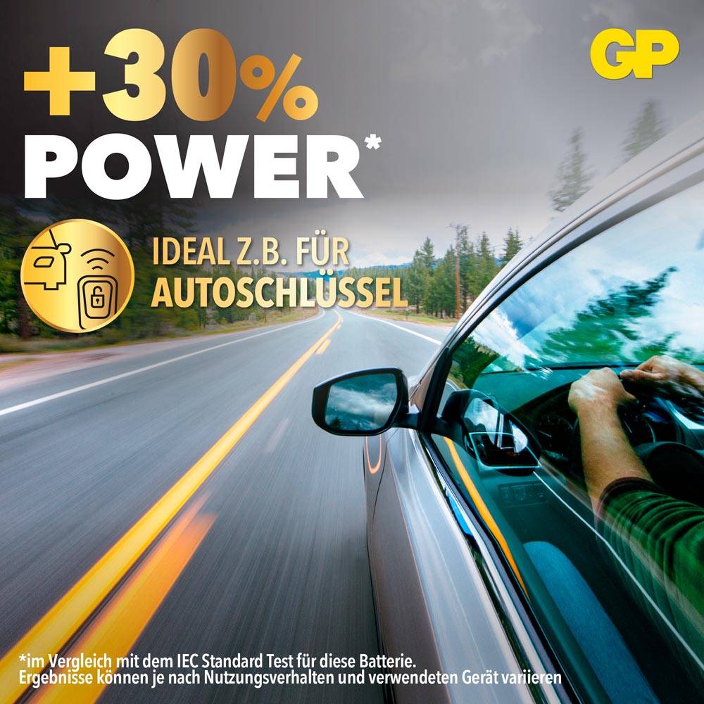 +30% Power. Ideal für Autoschlüssel. Vergleichsmodell siehe Standard Test der IEC. Ergebnisse können variieren.