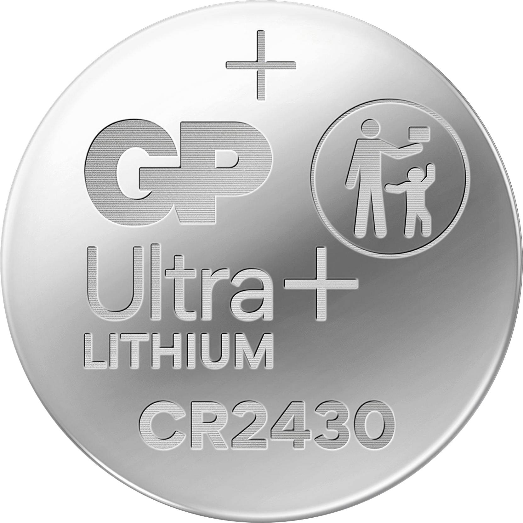 'Lithium + Battery GP CR 2430' steht auf einer silbernen Knopfzelle. Ein Symbol zeigt eine durchgestrichene Figur mit Kind, das eine Batterie hält.