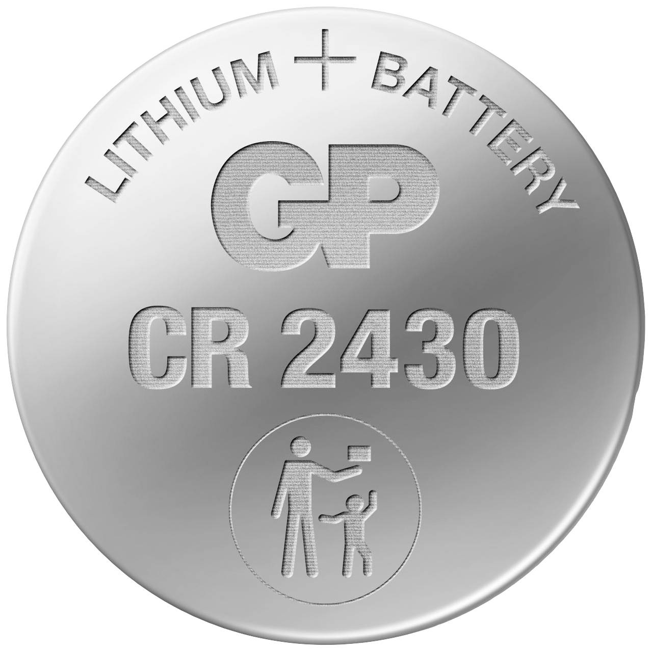 Runde Lithiumbatterie mit der Aufschrift 'Lithium + Battery GP CR 2430', Symbol zeigt Kind und Erwachsenen mit durchgestrichenem Kreis.
