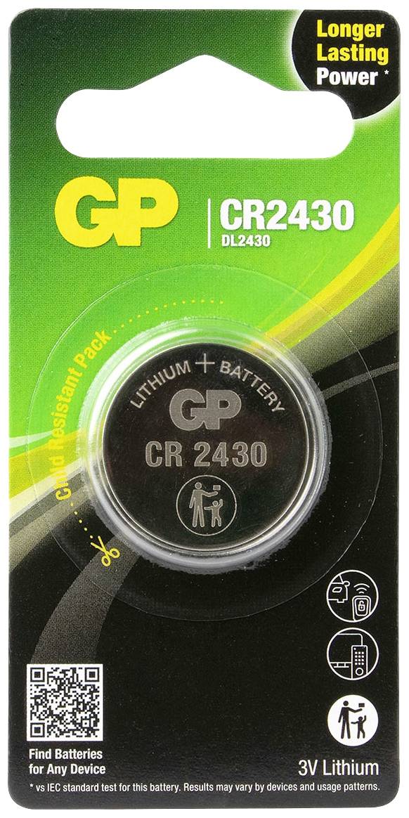 GP CR2430 3V Lithium-Knopfzelle in Verpackung mit grüner und schwarzer Gestaltung. Hinweis: Längere Lebensdauer. Für vielfältige Anwendungen geeignet.