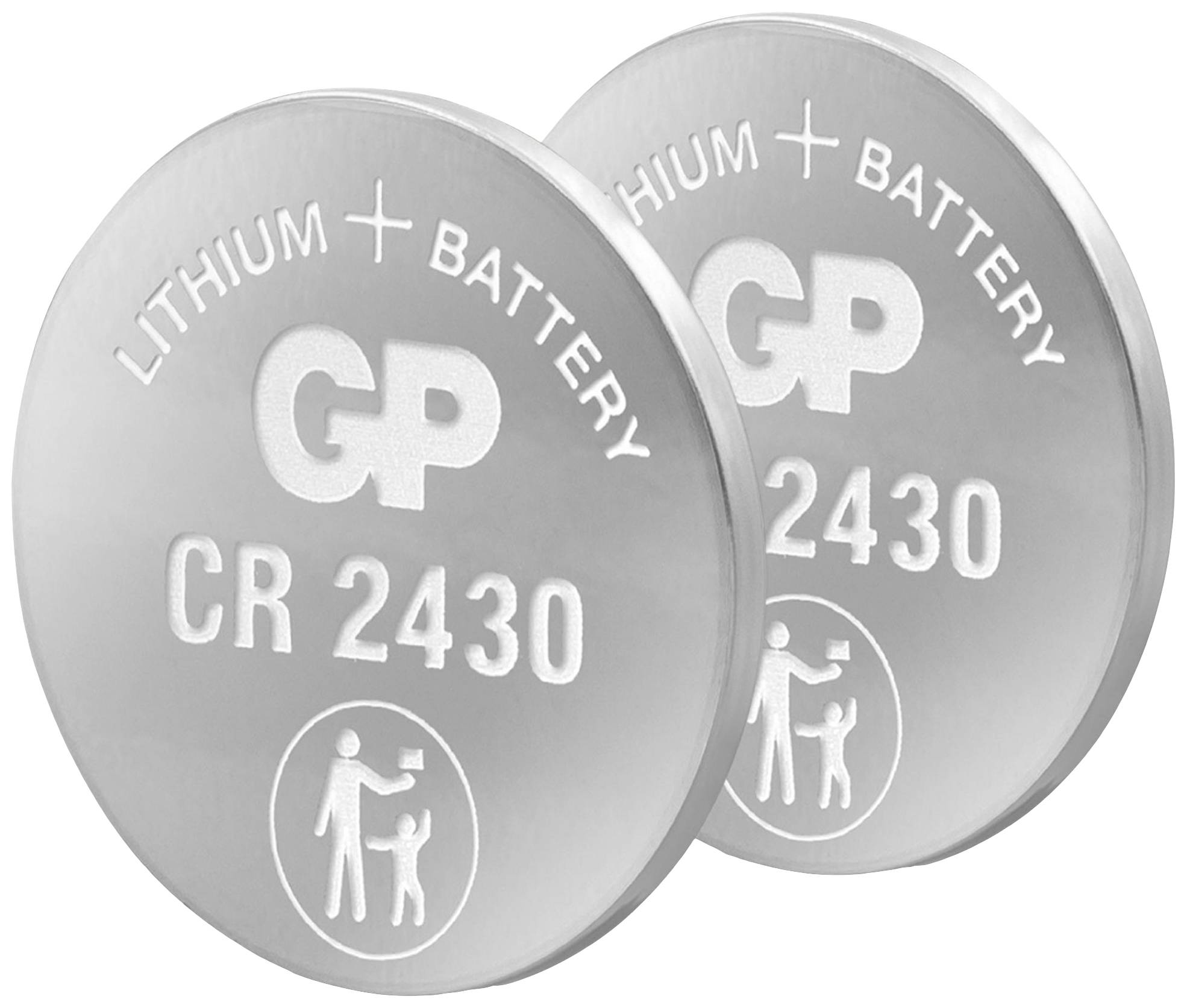 Zwei silberne Knopfzellen-Batterien mit der Beschriftung 'LITHIUM BATTERY GP CR 2430'.