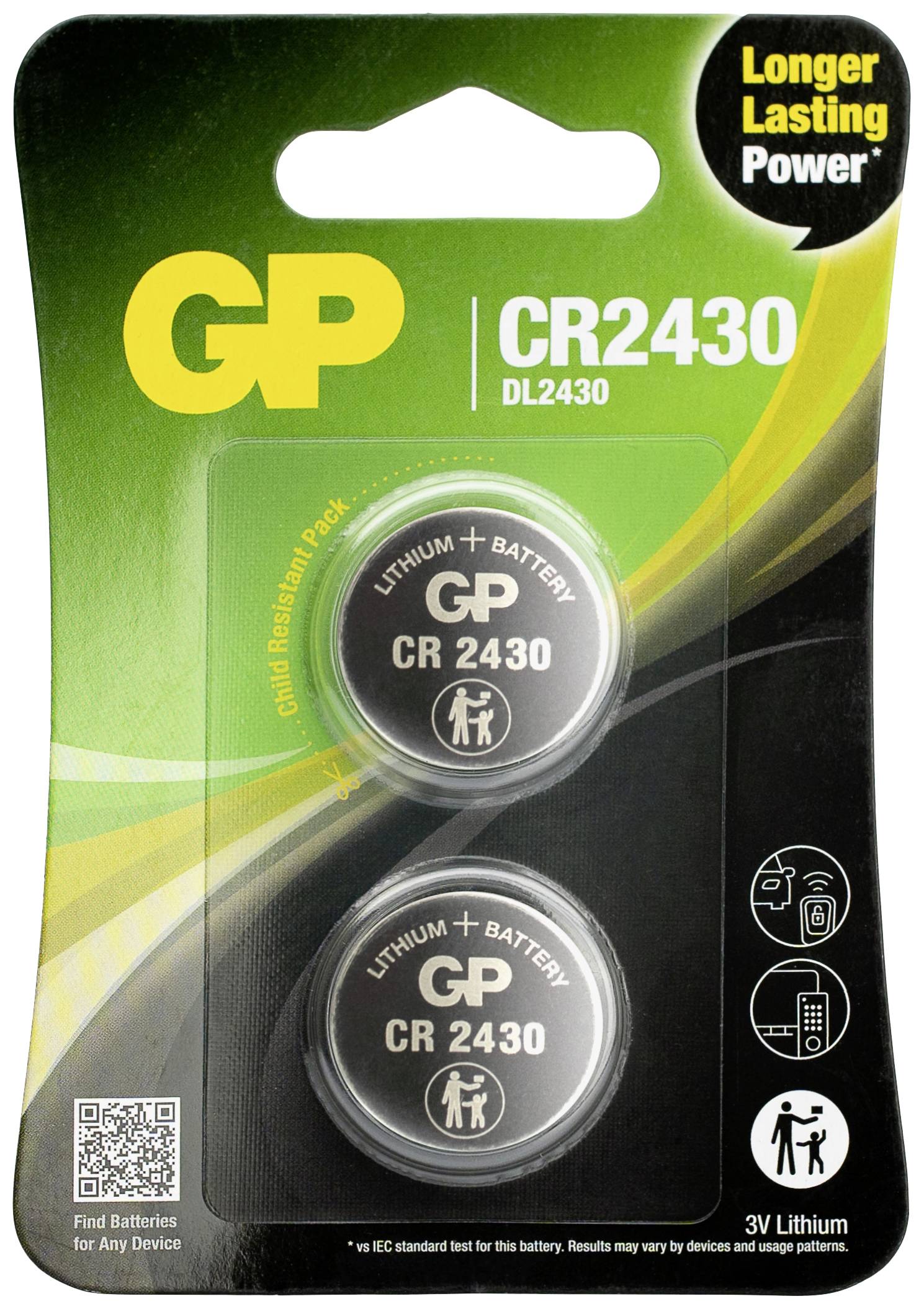 Verpackung mit zwei GP Lithium CR2430 Batterien. Hervorgehoben: Längere Lebensdauer, 3V Lithium. Geeignet für elektronische Geräte.