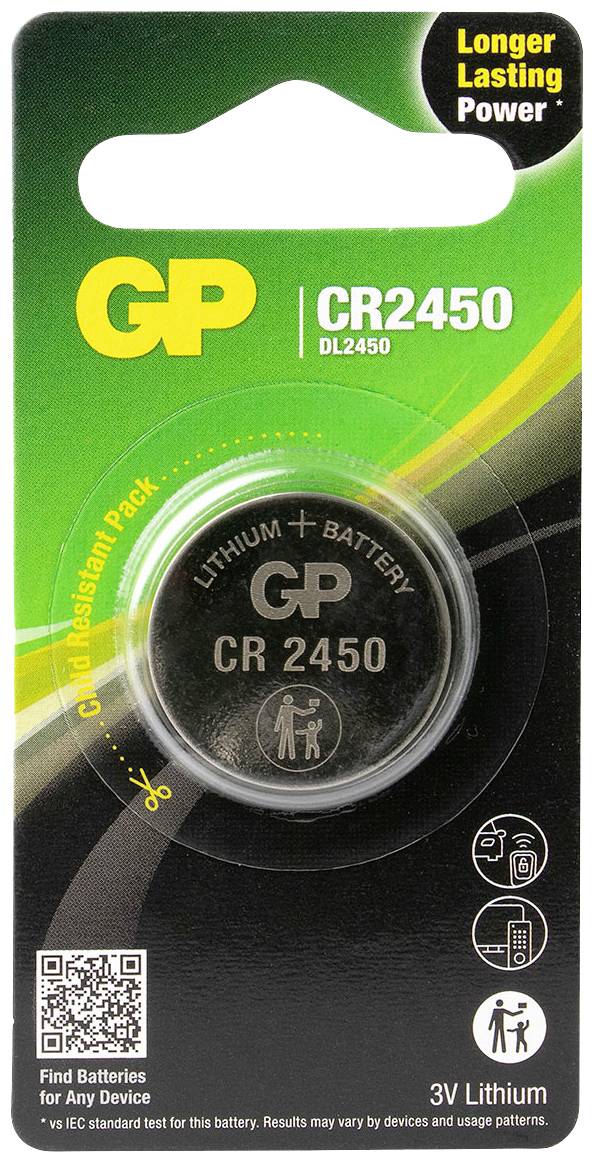 Lithium-Batterie GP CR2450 in einer grünen Verpackung. Text: 'Longer Lasting Power'. QR-Code unten links.