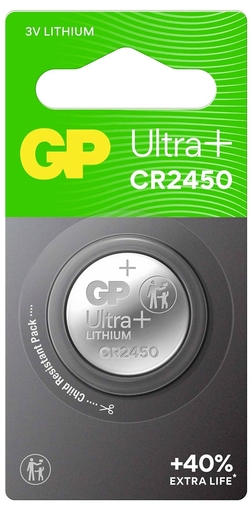Verpackung einer GP Ultra+ CR2450 3V-Lithium-Knopfzelle mit Hinweis auf bis zu 40 % längere Laufzeit.