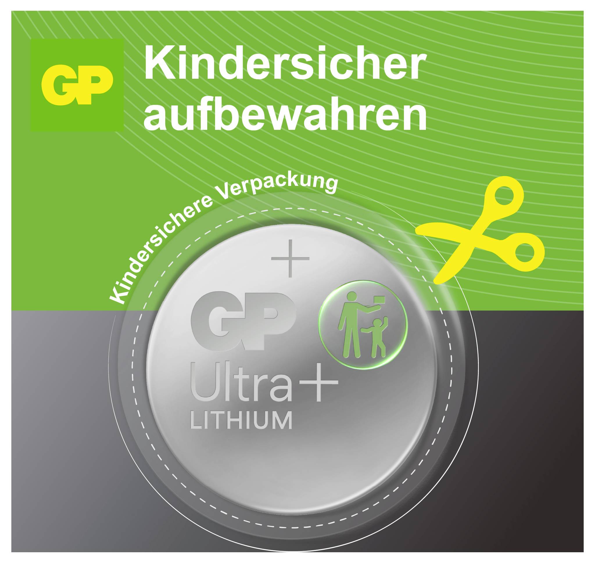 Warnhinweis: GP Ultra+ Lithium-Batterie in kindersicherer Verpackung; Scherensymbol, Text 'Kindersicher aufbewahren'.