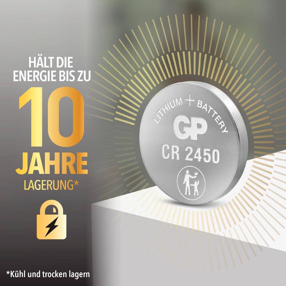 'GP CR2450 Lithium-Batterie, hält Energie bis zu 10 Jahre Lagerung'. Bild eines Batteriemodells mit Energiesparsymbol.