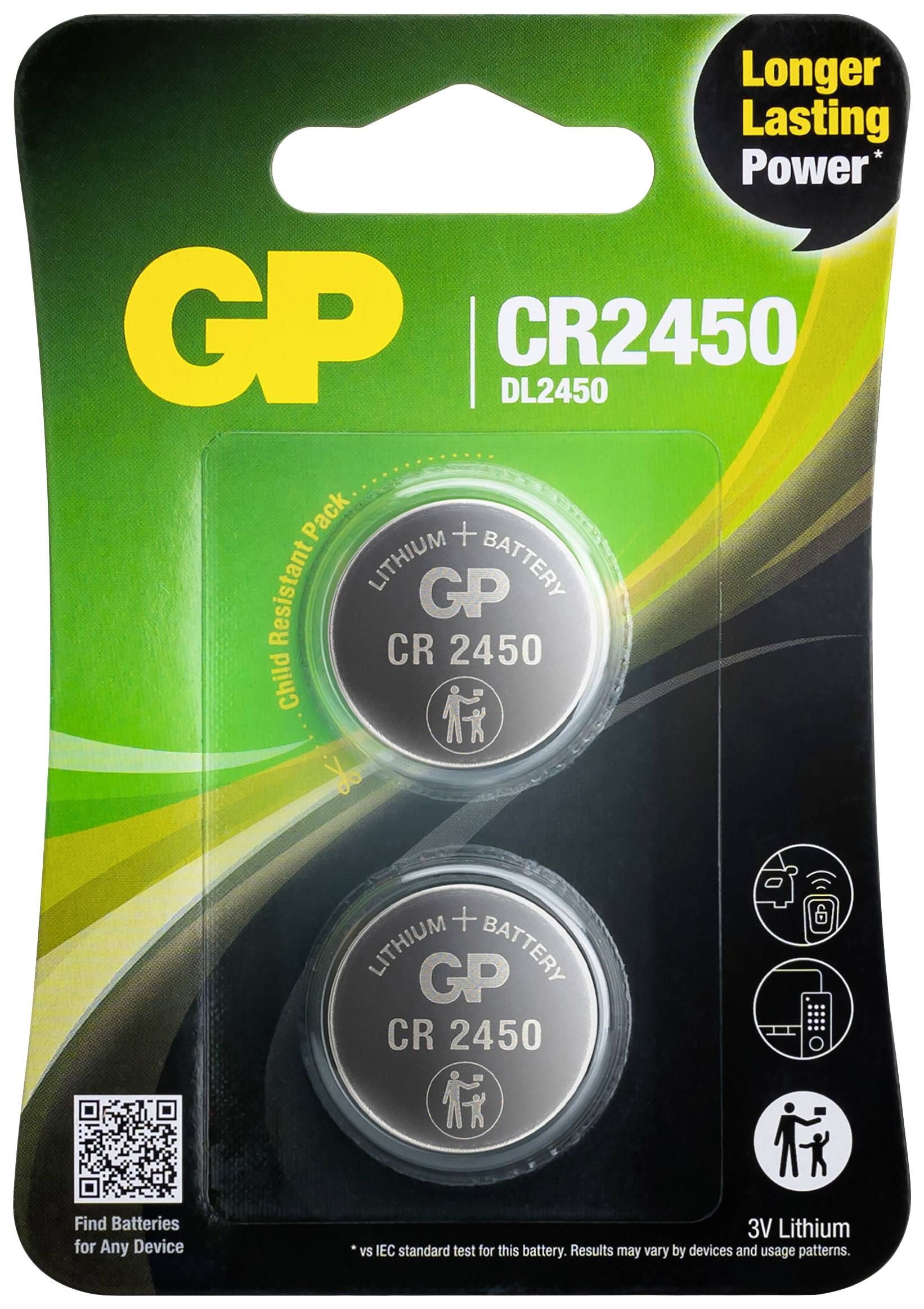 GP CR2450 Knopfzellenbatterien, 3V Lithium, 2 Stück, verpackt. Hohe Lebensdauer, geeignet für verschiedene Geräte.