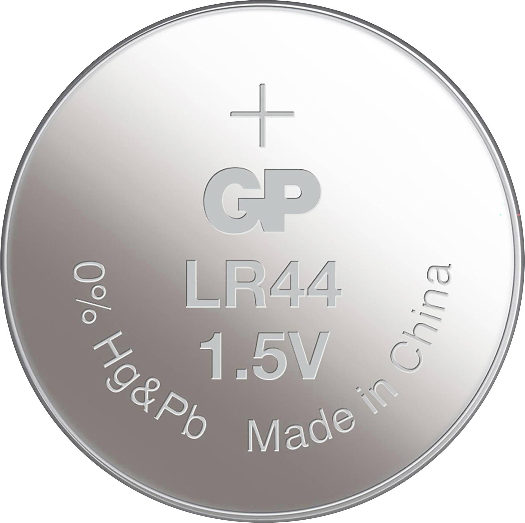 Silberne Knopfzellenbatterie mit Pluspol-Markierung, Beschriftung 'GP LR44 1.5V', 'Hg&Pb 0%' und 'Made in China'.