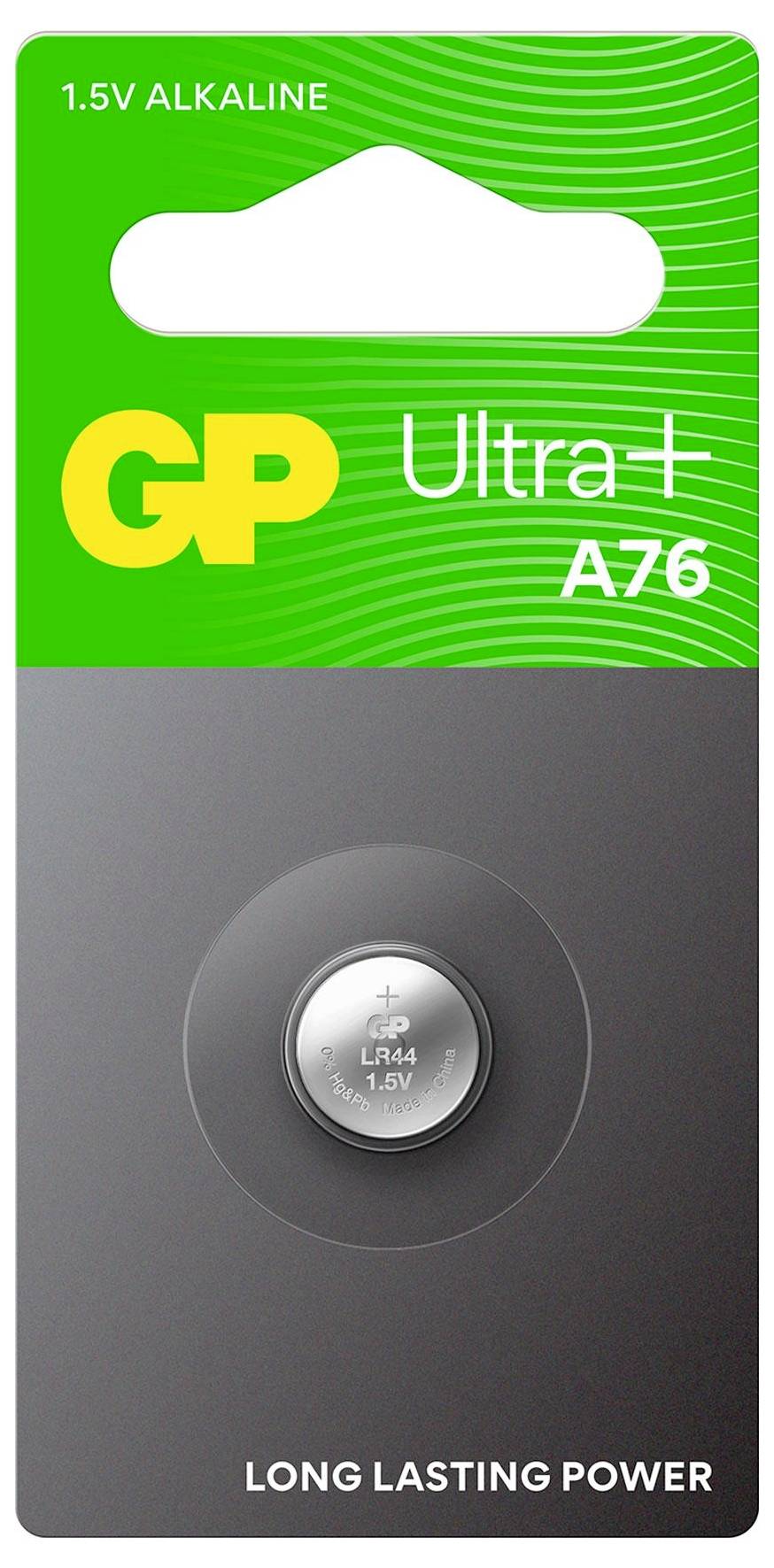 'GP Alkaline Cell' Batterieverpackung zeigt eine 1,5V LR44 Knopfzellenbatterie ohne Quecksilber, geeignet für Spielzeug und Uhren.