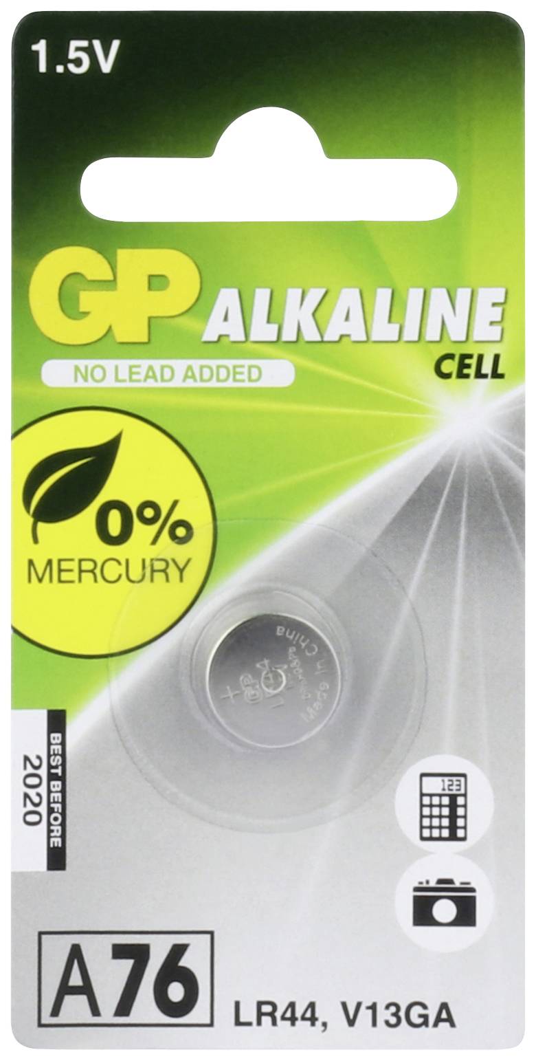 'GP Alkaline Cell' Batterieverpackung zeigt eine 1,5V LR44 Knopfzellenbatterie ohne Quecksilber, geeignet für Spielzeug und Uhren.