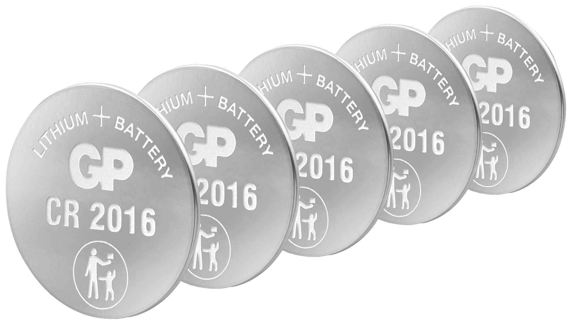 Fünf Lithium-Batterien vom Typ CR 2016, markiert mit 'GP Lithium Battery'. Sie sind in einer leicht schrägen Reihe angeordnet.
