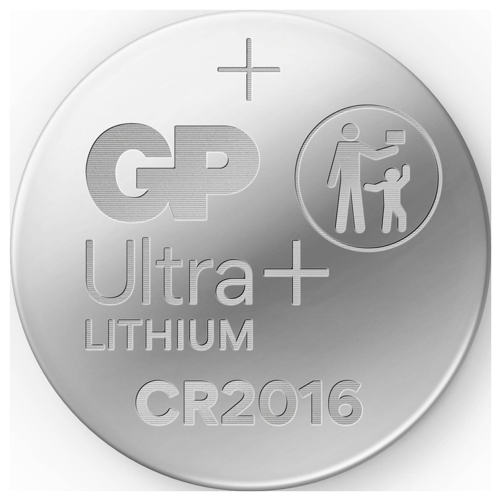 Silberne Lithium-Knopfzelle mit Aufdruck 'GP Ultra+ Lithium CR2016' und Kindersymbol.