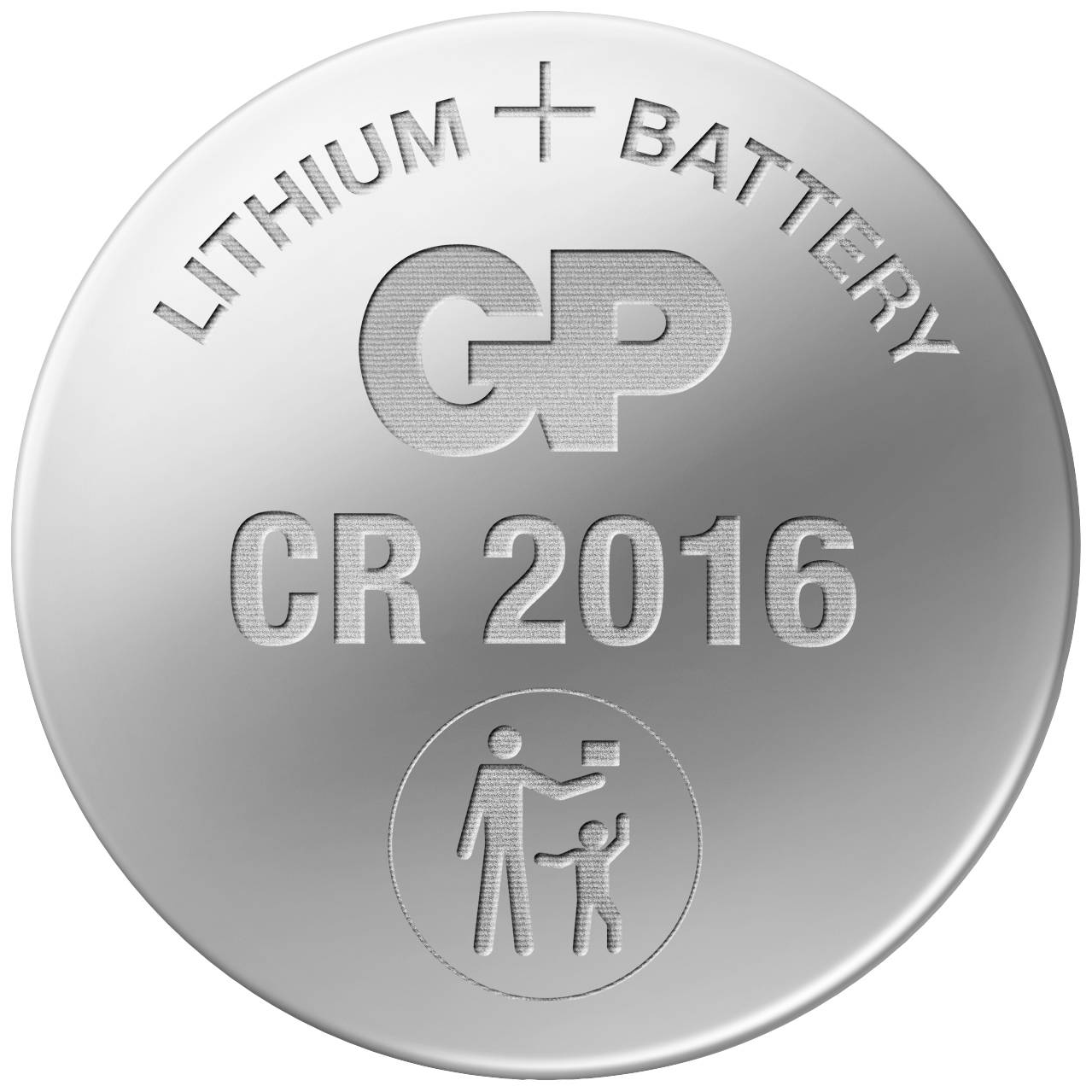 Silberne Knopfzellenbatterie, geprägt mit 'LITHIUM BATTERY GP CR 2016', Piktogramm von Erwachsenem, der eine Batterie vor Kind schützt.