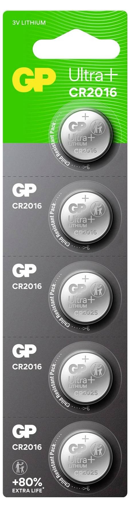 Verpackung mit fünf GP Ultra+ CR2016-Knopfzellen auf grün-grauem Hintergrund; Produktname und '+80% EXTRA LIFE' sind sichtbar.