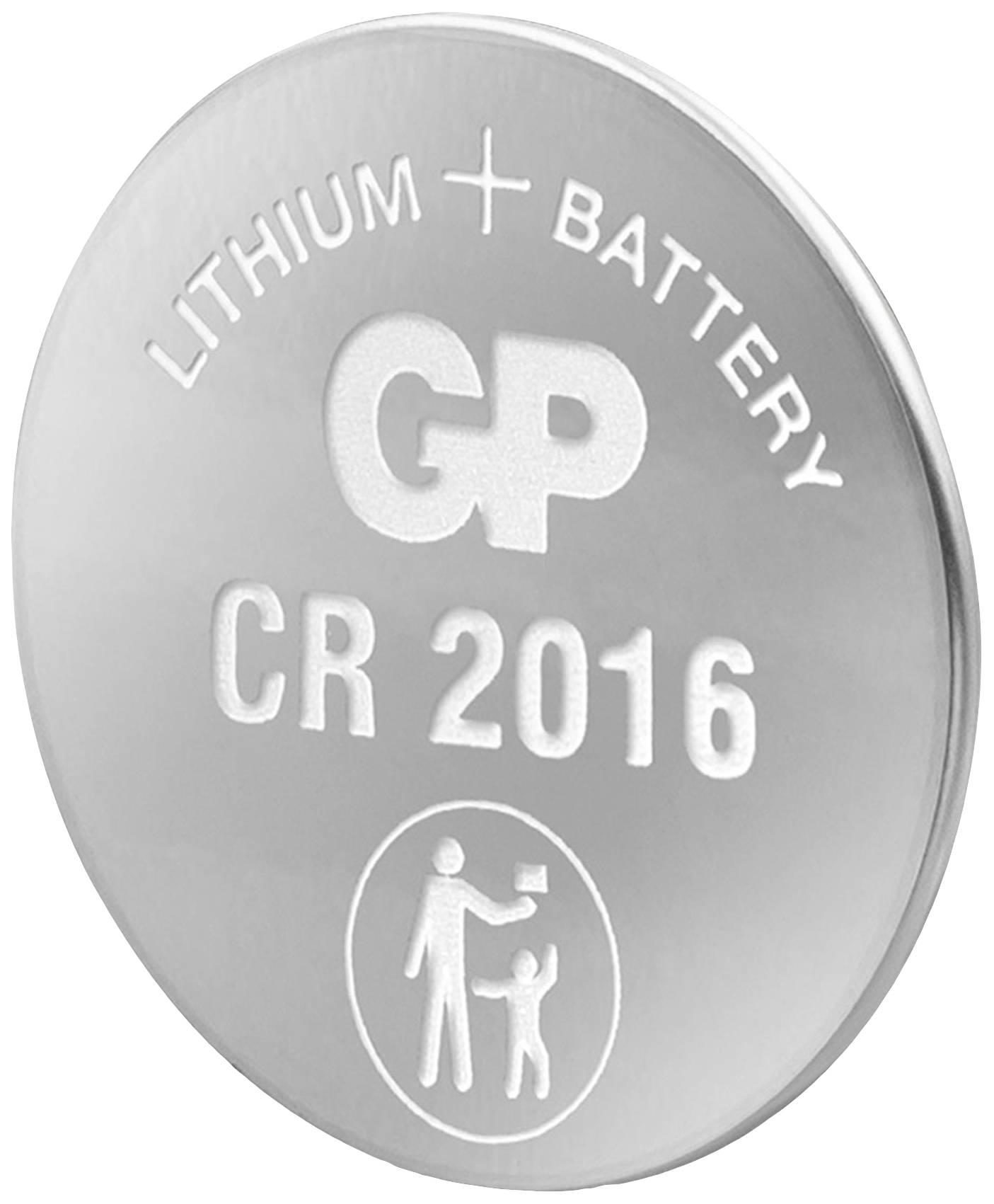 Runde Lithium-Batterie mit Aufschrift: LITHIUM BATTERY GP CR 2016 und Piktogramm eines Erwachsenen mit Kind, das eine Batterie hält.