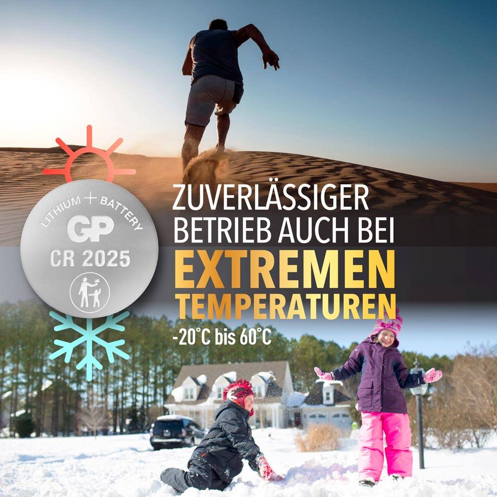 Mann läuft bei Hitze in der Wüste; Kinder spielen bei Schnee. Text: 'Zuverlässiger Betrieb auch bei extremen Temperaturen -20°C bis 60°C'.