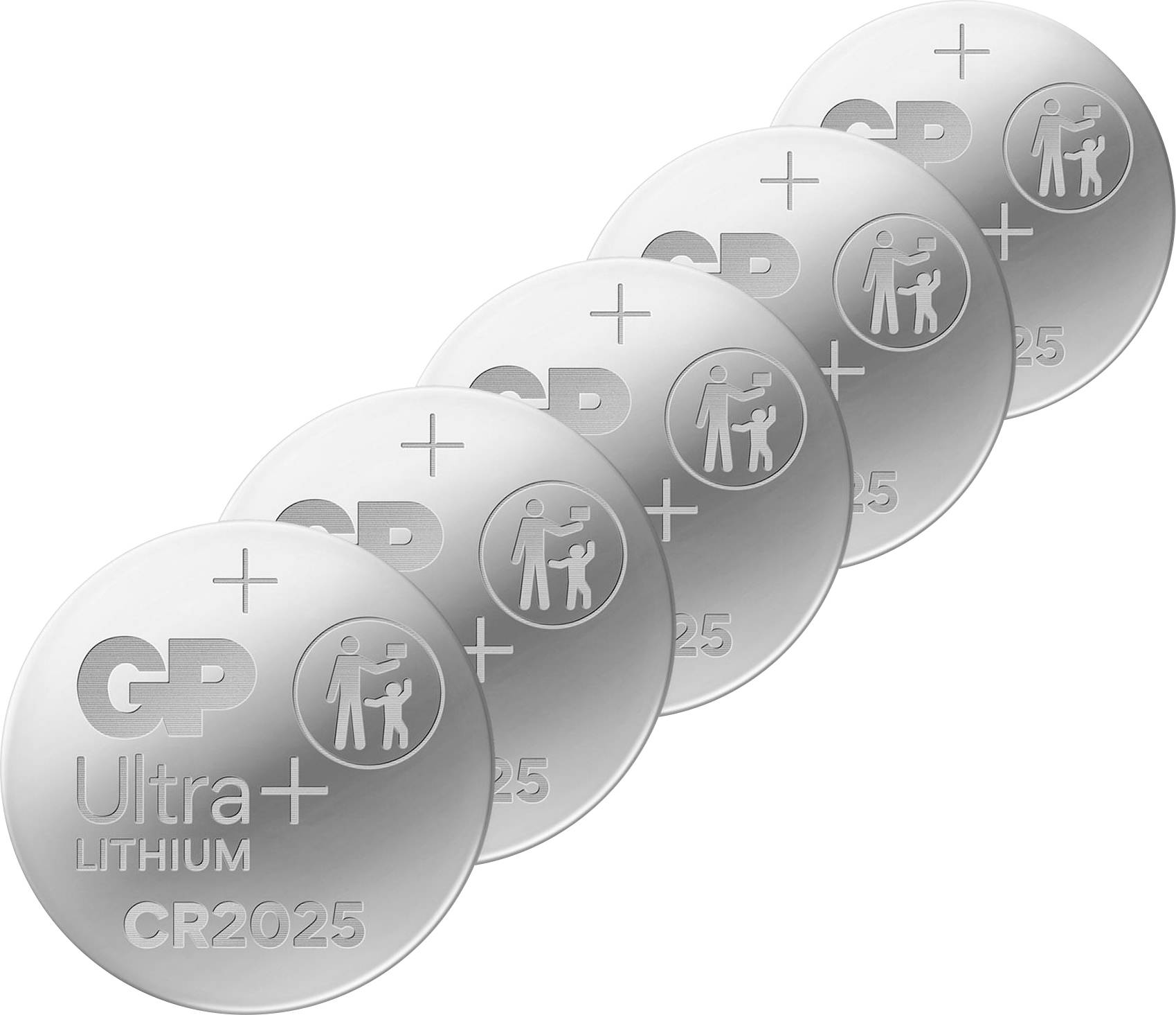 Fünf gestapelte GP Ultra Lithium CR2025-Knopfzellen auf weißem Hintergrund.