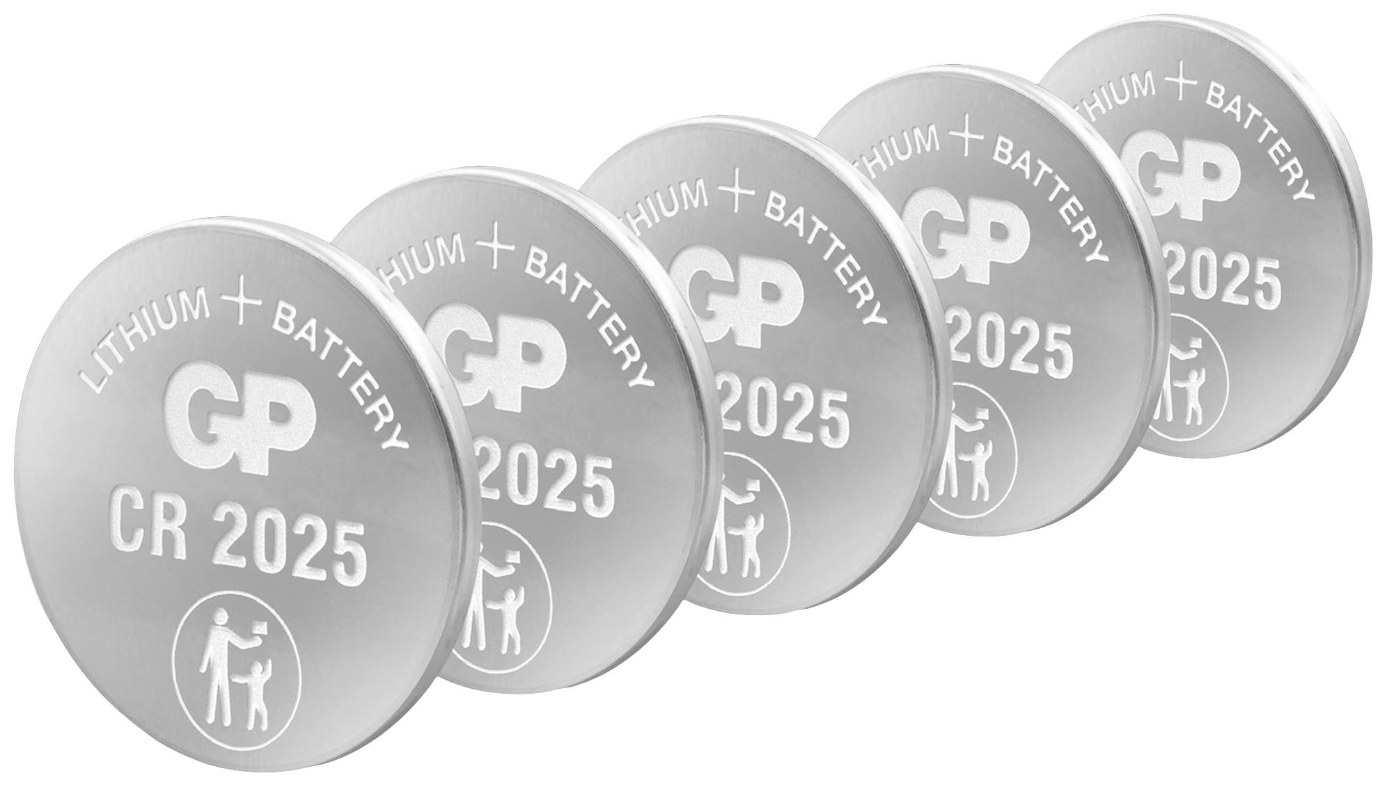 Fünf GP Lithium-Knopfzellen vom Typ CR 2025 in einer leicht versetzten Anordnung. Jede Batterie zeigt 'Lithium CR 2025'.
