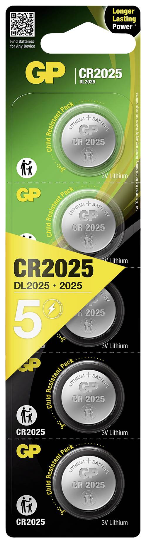 Packung GP CR2025 Batterien, 3V Lithium, 5 Stück, in gelb-schwarzer Verpackung. Oberer Teil hebt hervor: 'Längere Lebensdauer'.