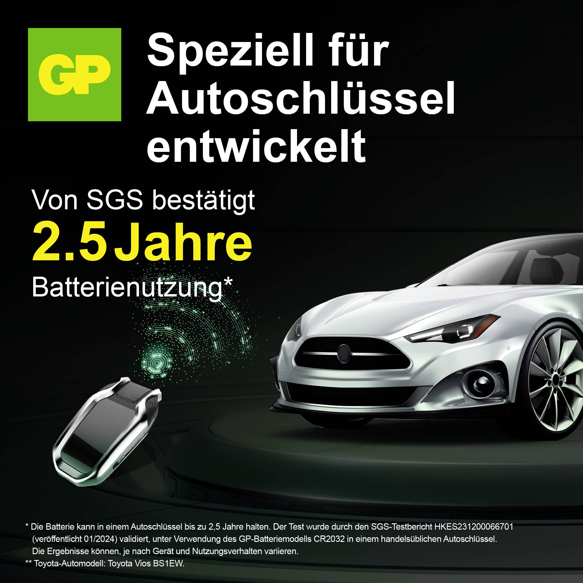 GP-Batterie für Autoschlüssel: speziell entwickelt, von SGS bestätigt, 2,5 Jahre Batterienutzung; neben Auto und Schlüsselabbildung.