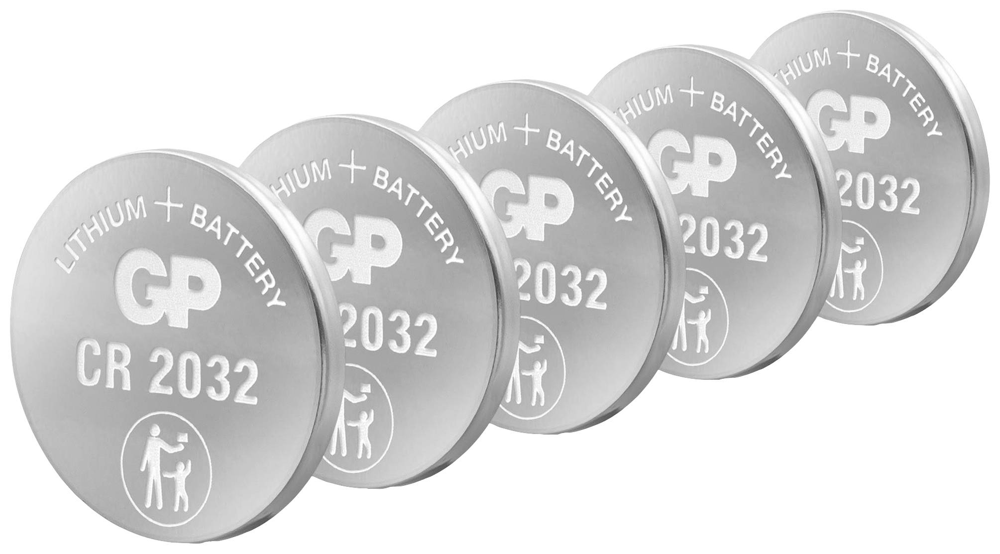 Fünf silberne Lithium-Knopfzellen des Typs CR 2032 von GP, schräg nebeneinander liegend, mit aufgedrucktem Logo und Produkthinweisen.