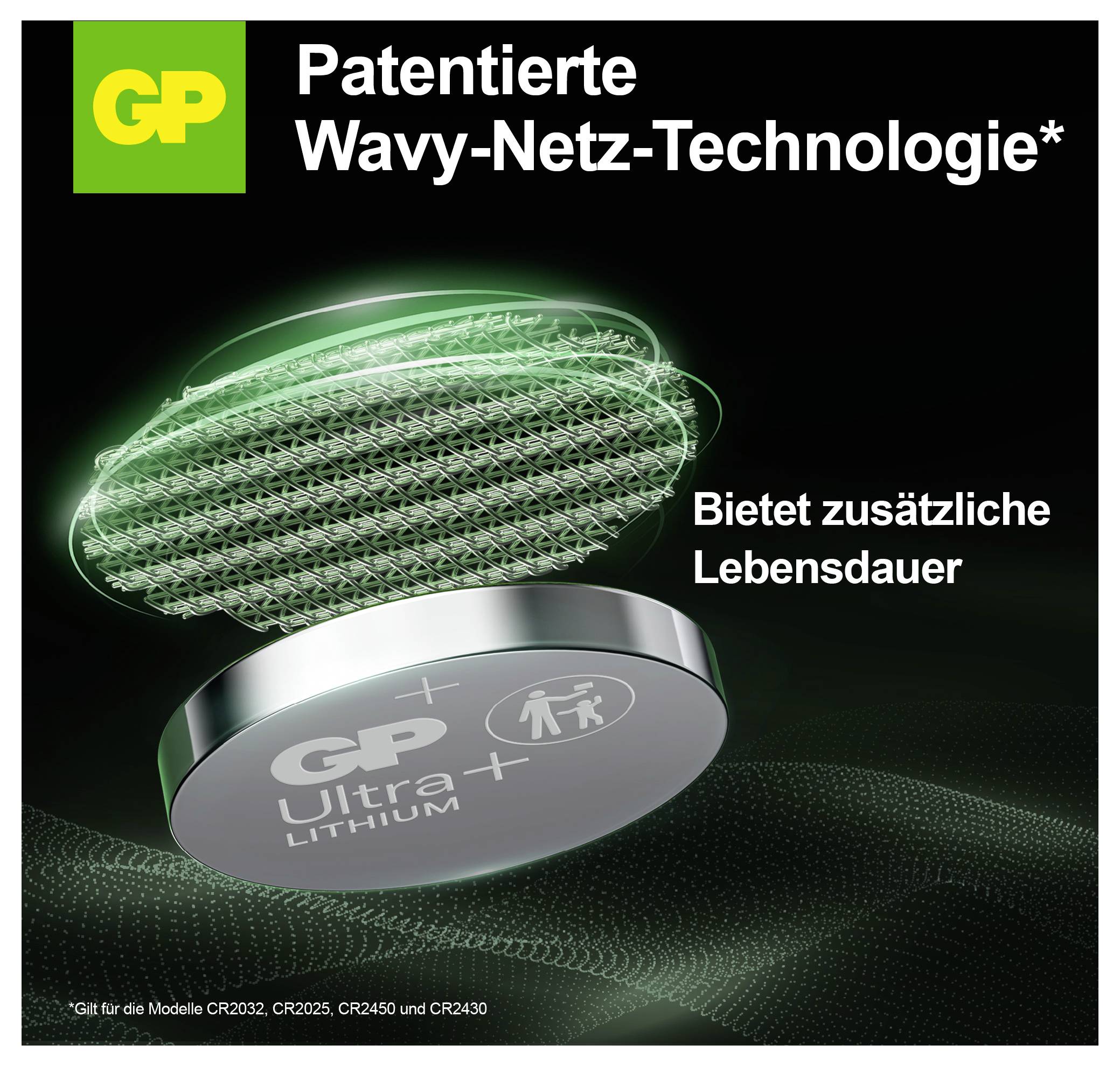 Werbeanzeige für GP Ultra+ Lithium-Knopfzellen mit 'Patentierte Wavy-Netz-Technologie' und dem Hinweis 'Bietet zusätzliche Lebensdauer'.