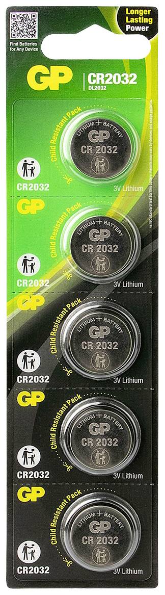 Packung mit fünf GP CR2032 Lithium-Knopfzellenbatterien. Verpackung zeigt Einsatzbereiche und Langlebigkeit der Batterien.