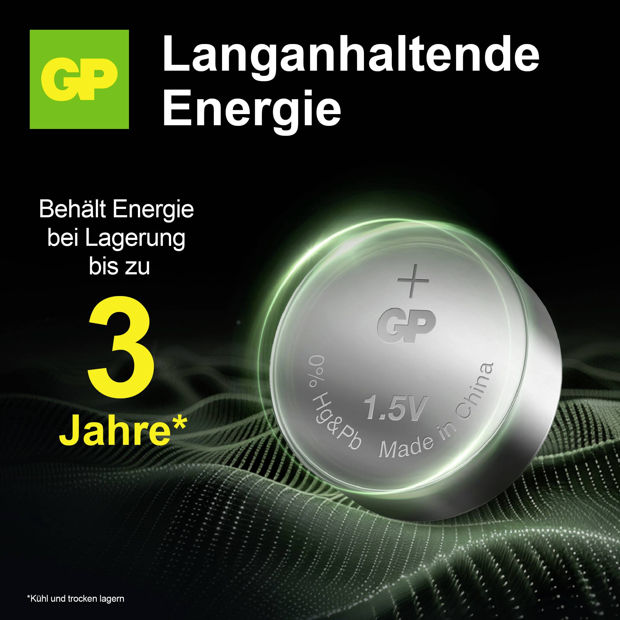 Werbeanzeige für GP-Batterien: 'Langanhaltende Energie', Behält Energie bei Lagerung bis zu 3 Jahre*, mit abgebildeter 1,5V-Batterie.