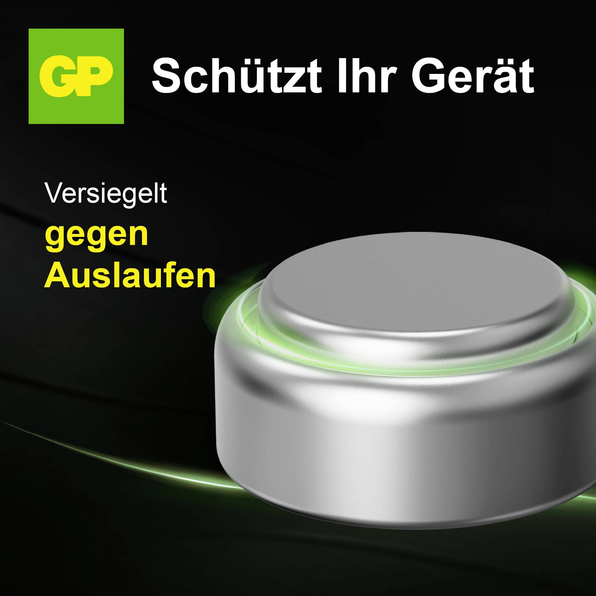 Werbeanzeige für GP-Batterien: Logo und Text 'Schützt Ihr Gerät', 'Versiegelt gegen Auslaufen', daneben eine Batterie mit grünem Dichtungsring.